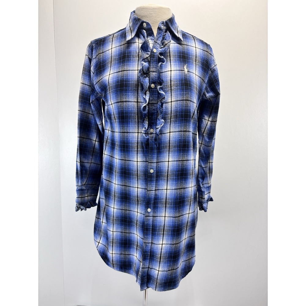 Ralph Lauren Flannel Shirt Dress Sz Small Women's Blue Plaid Ruffle Trim  Pony